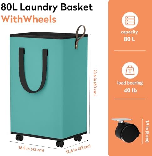 SpaceTrove Rolling Laundry Basket with Wheels, Laundry Hamper, 80L, Green - Image 4