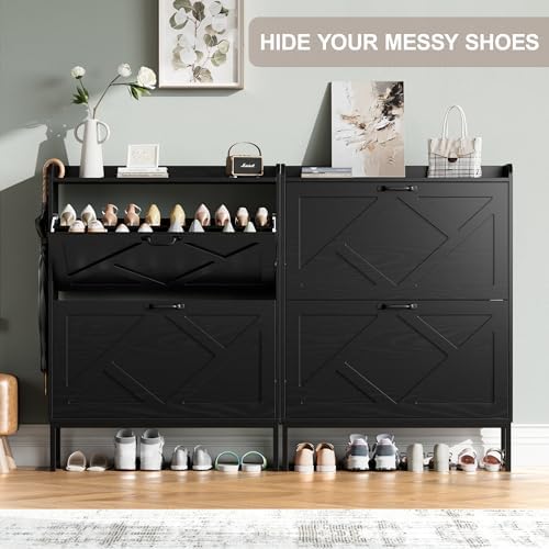 Nicetree Shoe Storage Cabinet with 2 Flip Drawers, Freestanding Shoe Organizer, Shoe Cabinet with Metal Legs, Narrow Shoe Rack Cabinet, Farmhouse Slim Shoe Cabinet for Entryway, Foyer, Hallway, Black - Image 5