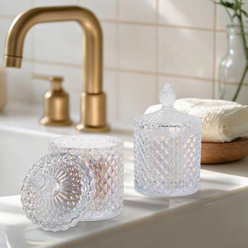 2 Pack Qtip Holder Apothecary Jars with Lid, Thick Glass, Iridescent Clear - Image 2