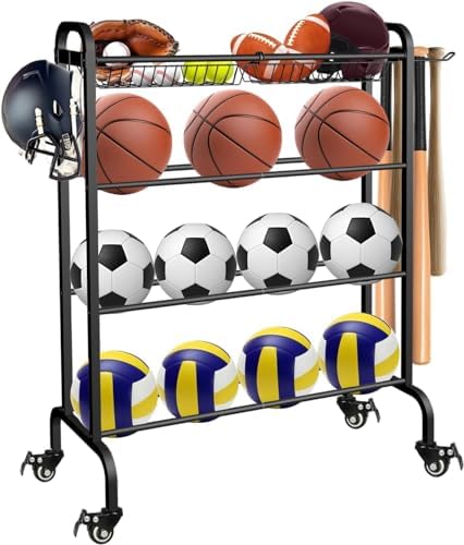 Ball Organizer with Wheels, 4 Tier Basketball Storage Cart, Black by Ardier