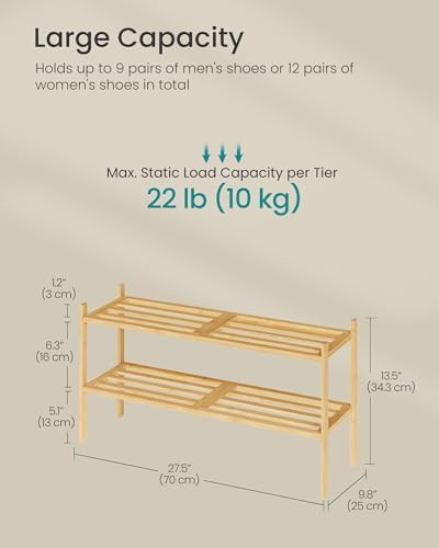 SONGMICS Bamboo Shoe Rack, 2-Tier Stackable Shoe Organizer, for 9-12 Pairs - Image 3