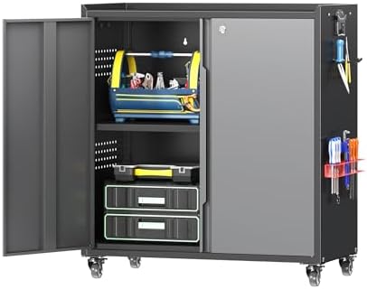 Metal Garage Storage Cabinet with Wheels, Adjustable Rolling Tool Storage Cabinet with Lock, 34" Steel Locking Tool Cabinet with Doors and Shelves for Garage, Warehouse (Black&Gray, 34.3" H) by Firstsky