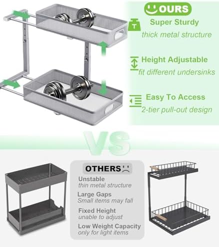 Under Sink Organizer 2 Pack, High Adjustable 2 Tier Under Sink Organizers and Storage, Slide out Metal Cabinet Organizers, Pull out Storage Drawer Shelf for Kitchen Bathroom Cabinet (Gray) - Image 2