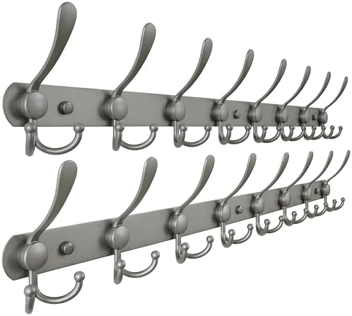 Dseap Coat Rack Wall Mount - 29.5” Long 8-Tri-Hooks Heavy Duty Coat Hanger Rail Wall Hooks for Hanging Coats Hats Clothing Clothes Purse Mudroom Entryway, Gray, Pack of 2 by Dseap