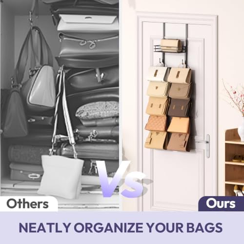 SWTYMIKI Over the Door Purse Organizer - Wall Mounted Handbag Organizer with 10 Hooks and Metal Basket, Hanging Purse Storage Rack Holds up to 10 Bags, Bag Rack Can Use As 1/2 Part, for Door, Closet - Image 4