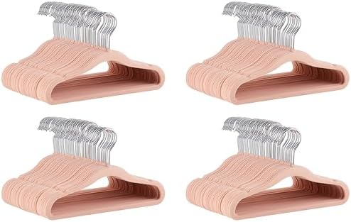 Amazon Basics Kids Space Saving Velvet Non-Slip Clothes Hangers with Shoulder Notches for Infant and Toddler, 11.6", Blush, 50 Count (Pack of 4) by AmazonBasics