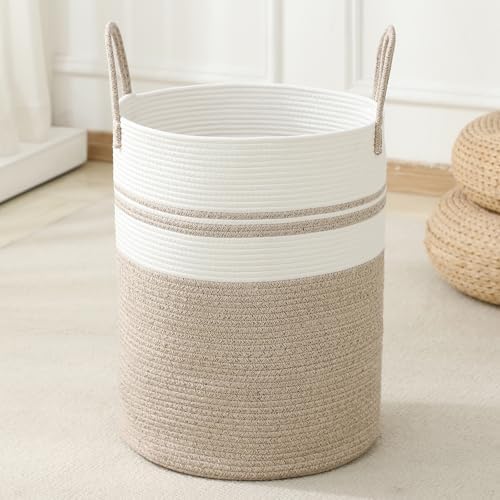 Laundry Basket Hamper Tall Rope Storage Woven for Blanket toys Dirty Clothes in Living Room Bathroom Bedroom (Brown&White, 80L/21.3Gal) by AMTOTAM