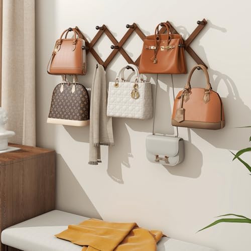 Homode Accordion Wall Hanger, Hat Rack for Wall, Wood Expandable Coat Rack, Vintage Accordian Peg Hooks Purse Organizer for Hanging Baseball Caps, Coffee Mug, Hats, Clothes, Backpack, Towel - Image 5