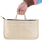 BTSKY Printing Handbag Organizers Inside Purse Insert - High Capacity 13 Pockets Bag Tote Organizer with Handle Beige - Image 5