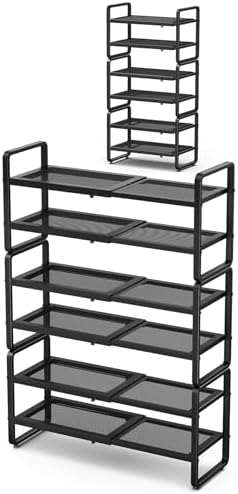 Expandable Metal Shoe Rack for Closet, Entryway & Garage, 6-Tier, Black | Adjustable Height for Boots, Stackable Design, Dense Mesh Shelves for Heels, Fits Small Spaces, Apartments and Rentals by SNTD