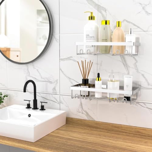 Moforoco Large Silver Shower Caddy Shelf Organizer Rack, Self Adhesive Bathroom Shelves Basket, Home Farmhouse Wall Inside Organization and Storage Decor Rv Accessories - Image 5