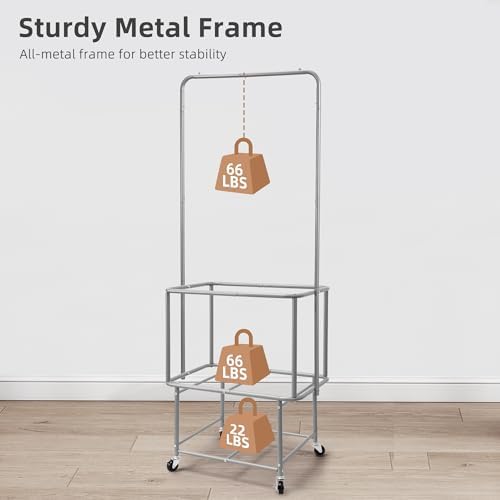 STORAGE MANIAC Rolling Laundry Cart with Hanging Bar & Storage Shelf, 110L Heavy Duty Large Laundry Basket with Clothes Hanging Rod, Study Clothes Hamper with Lockable Wheels, Beige - Image 3