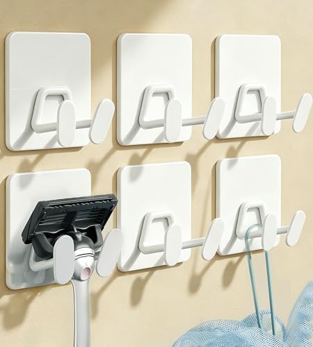 Adhesive Shower Hooks for Inside - Extra Sticky Razor Holder, White 6 Pack by susswiff