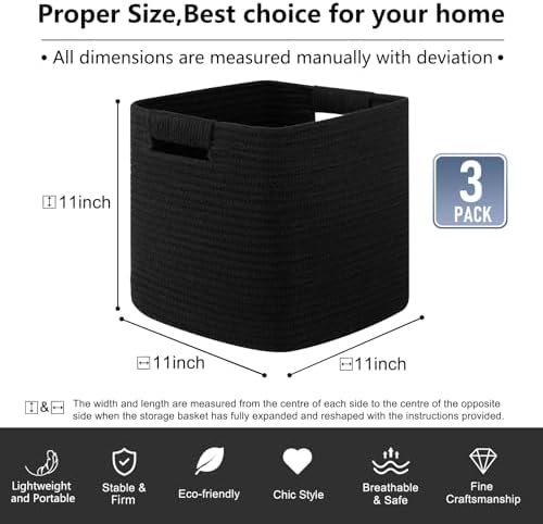 OIAHOMY Storage Cubes 11 Inch Storage Bins 3-Pack Square Baskets Black - Image 4