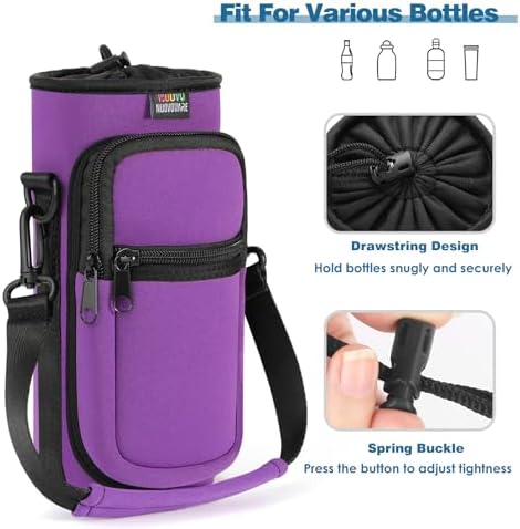 Nuovoware Water Bottle Carrier Bag, 25oz/32oz Bottle Pouch Holder, Adjustable Shoulder Hand Strap 2 Pocket Sling Neoprene Sleeve Sports Accessories for Men/Women Hiking Travelling, Purple - Image 5