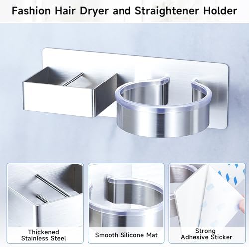 Hair Dryer Holder Wall Mounted, Hair Straightener Holder, Blow Dryer Holder Adhesive, Hair Tool Organizer for Flat Iron, Hairdryer, Curling Iron Holder for Bathroom Vanity Barber Shop (Silver) - Image 2