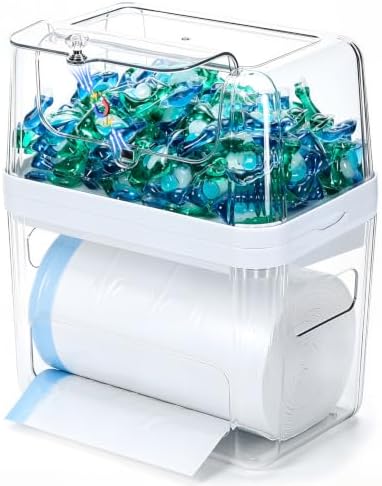 Trash Bag Dispenser & Dishwasher Pod Holder, 3-in-1 Trash Bag Holder Laundry Pods Container with Moisture-Proof Lid, Acrylic Garbage Bag Dispenser for Under Sink Organizer Laundry Room Organization by Unknown