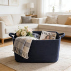 96L Woven Laundry Basket with Handles, Extra Blanket Basket,Navy - Image 4