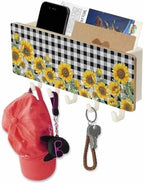 Sunflower Key Holder Wall Mount,Black White Check Country Yellow Floral White Hanging Mail Organizer with 5 Key Hooks Wall Decorative,Adhesive Key Rack with Shelf for Hallway Kitchen Entryway Decor by Unknown