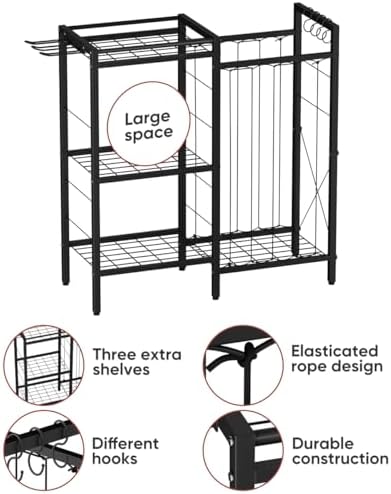 3 Tiers Dumbbells Yoga Mat Storage Rack with Elastic Straps for Kettlebells Foam Roller Resistance Bands Balls, Workout Equipment Organizer Weight Storage Holder with Hooks for Home Gym - Image 5