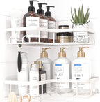 Sakugi Corner Shower Caddy - 2 Pack, Adhesive Shower Organizers, Rustproof Stainless Steel Shower Shelves with 8 Hooks, No Drilling Bathroom Organizers and Storage Racks, Space-Saving, White, Medium by Sakugi