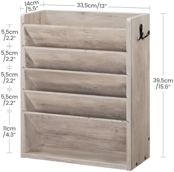 CHOEZON Wall File Organizer, 6-Tier Vertical Mount Hanging Holder with 2 Side Hooks, Modern Wooden Magazine Storage Holder with Bottom Tray, Desk Organizer, for Office, Home, Greige MWJ01FH - Image 3