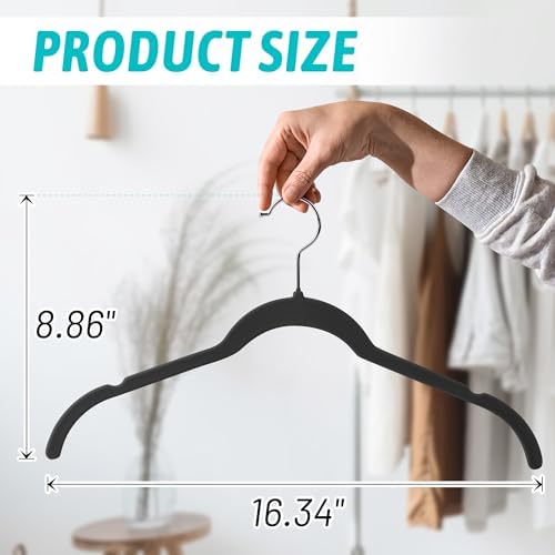 Sishynio Velvet Hangers 100 Pack, Non-Slip Slim Felt Clothes Hangers Black | Space-Saving Closet Organization; Flocked Surface; 360° Swivel Hooks; For Shirts, Coats, Dresses, Blouses - Image 6