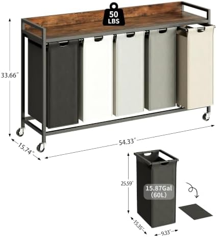 Herture Laundry Hamper with Shelf, Laundry Basket 5 Section, Laundry Sorter with Pull-Out Removable Large 5 Color Bags and Movable Wheels, Metal Frame, 5 x 15.87 Gallons (60L), Rustic Brown PF08XLN - Image 2