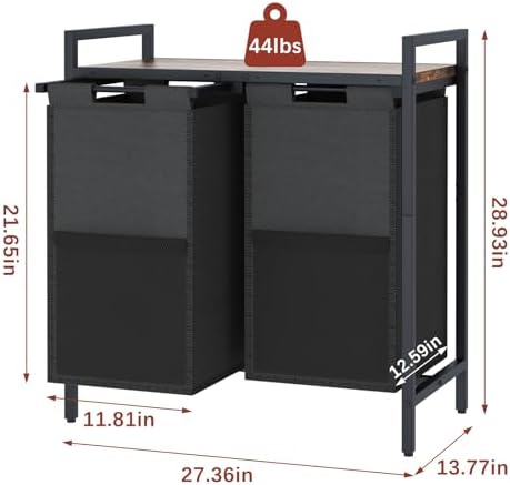Huhote Laundry Hamper, double Laundry Basket, Laundry Sorter with Top Shelf & 2 Removable Washable Bags & Side Pockets for Laundry Room organization, Bathroom and Dorm, Rustic Brown and Black - Image 3