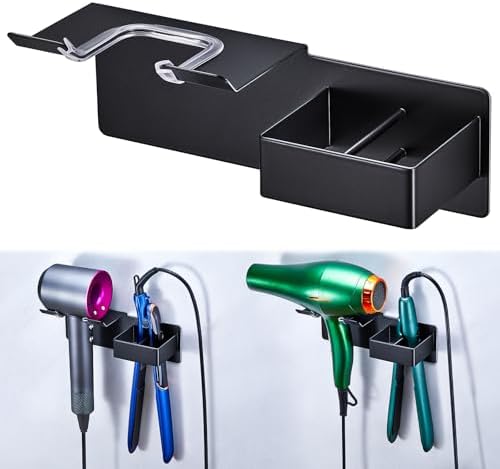 Hair Dryer and Straightener Holder Wall Mounted, Metal Adhesive Hair Tool Organizer for Blow Dryer, Curling Iron, Flat Iron, Bathroom Vanity Salon Barber Shops (Black) by LOXSUN