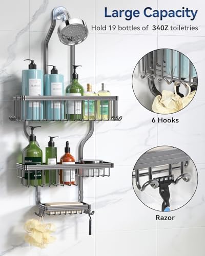 YASONIC Never Rust Shower Caddy Hanging, Aluminum Shower Racks for Inside Shower, 3-Tier Shower Organizer Hanging Over Shower Head with Hooks and Soap Holder, Grey - Image 2