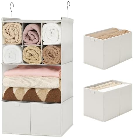 GRANNY SAYS 4-Shelf Hanging Closet Organizer with Drawer, Foldable Storage | Dividers Closet Hanging Organizer, No-Sag Support, Keeps Clothes Neat, Folds Flat, Fits RV, Dorm & Small Closets, Beige by GRANNYSAYS