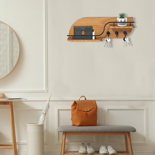 Modern Decorative Key and Mail Holder with 2 Floating Shelves, Wood Wall Mounted Key Organizer with 3 Metal Hooks for Home Entryway, Brown - Image 2