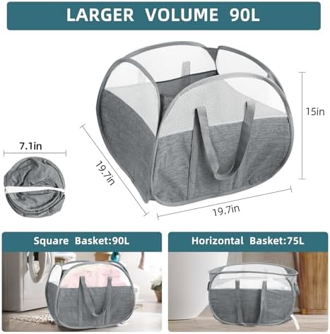 2 Pack Collapsible Laundry Baskets, 90L Large Foldable Laundry Basket, Pop Up Hampers for Laundry, Dirty Clothes Laundry Hamper for Bedroom, Bathroom, Dorm, Laundry Room, Travel or Camping Grey - Image 4