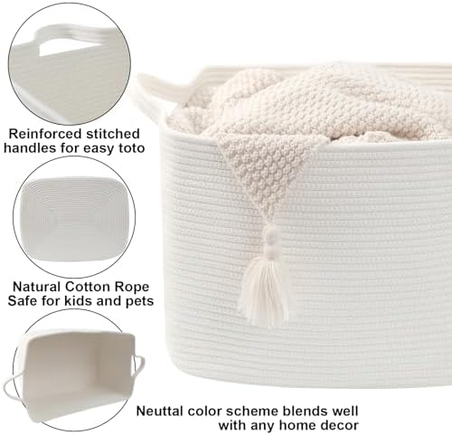 96L Woven Laundry Basket with Handles, Extra Blanket Basket,White - Image 3