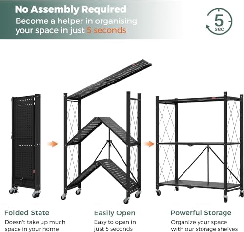 DEANIC 3 Tier Foldable Storage Shelves with Wheels, Kitchen Appliance Stand, Freestanding Metal Wire Shelf Rack, No Assembly Organizer Rolling Cart for Garage, Basement, Pantry(Black Pack of 2) - Image 5