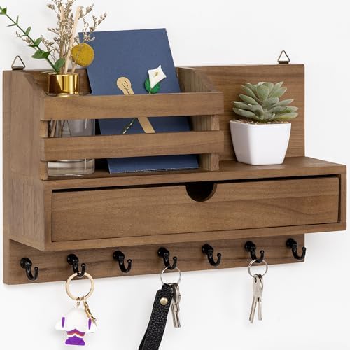 dreampossible Key and Mail Holder for Wall, Mail Organizer Wall Mount with 7 Hooks and Storage Drawer, Wooden Key Rack Hanger with Shelf for Entryway and Home Decor by dreampossible