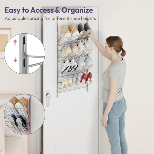 SWTYMIKI Over the Door Shoe Organizer - Adjustable 4 Tier Hanging Shoe Rack Organizer, Metal Heavy Duty Behind Door Storage or Wall Mount Shoes Shelf for Flats, Heels, Sneakers, Boots, Silver - Image 4