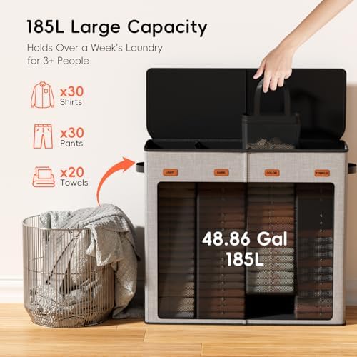 Laundry Hamper 4-Section with Lid, 185L Laundry Sorter with 4 Removable Bags + 1 Extra Large Bag, Switchable 3/4 Compartment, Laundry Basket Organizer for Bedroom, Laundry Room，Grey - Image 3