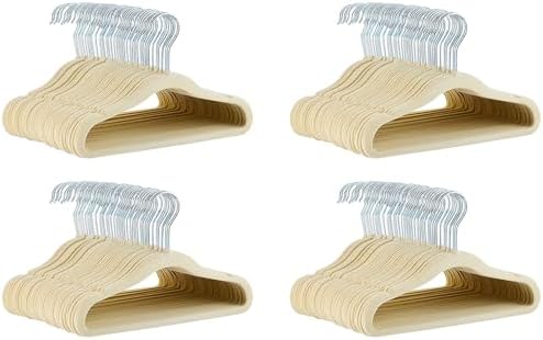 Amazon Basics Kids Space Saving Velvet Non-Slip Clothes Hangers with Shoulder Notches for Infant and Toddler, 11.6", Beige 50 Count (Pack of 4) by AmazonBasics