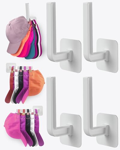 Hat Rack for Hat Storage (4-Pack), Multi-Purpose Hat Organizer, Strong Adhesive Hat Hooks for Wall Organizer for Baseball Caps, Two Mounting Options Hook, White by Sunfanie