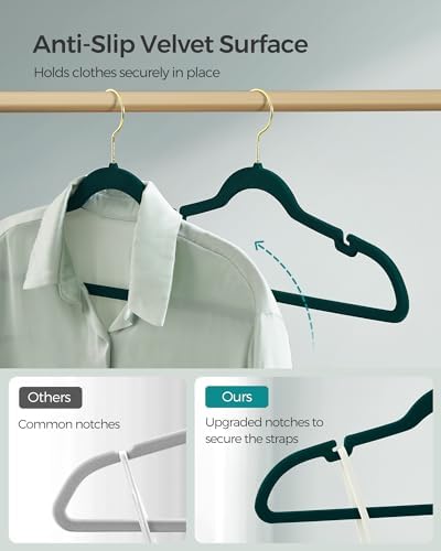 SONGMICS Velvet Hangers 50 Pack, Non-Slip Clothes Hangers, Space-Saving | Suit Hangers with Shoulder Notches, Pants Bar, 360° Swivel Hook, for Closet, Green, BREANNA Collection UCRF029C05 - Image 3