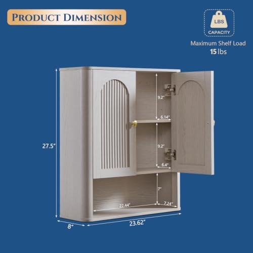 Bathroom Fluted Arched Wall Cabinet, 23.6''W Medicine Cabinet, Light Grey - Image 2