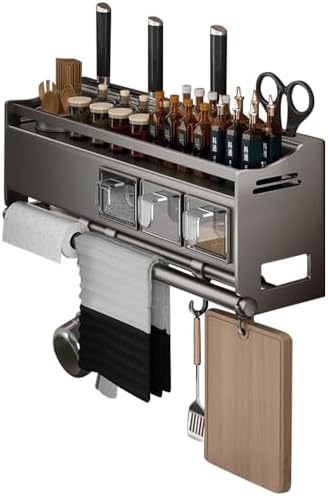 Multifunctional Kitchen Spice Rack Organizer Wall Mounted with Knife Holder Hooks and Pole Hanging Seasoning Organizer Shelf (3 Boxed and 1 Spoon Barrel) by ANQIA