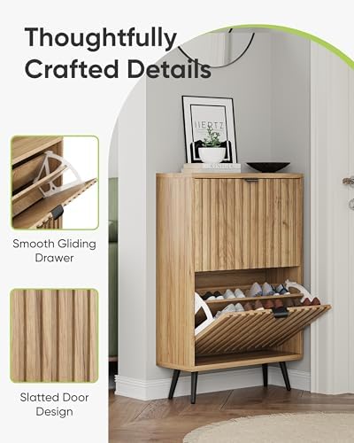 Shoe Storage Cabinet, Fluted Shoe Cabinet Storage for Entryway, Hidden Shoe Cabinet with Metal Legs,Shoe Organizer Cabinet with Flip Doors, Slim Entryway Shoe Storage Cabinet,Natural Wood-23.5in - Image 5