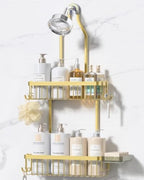 YASONIC Never Rust Shower Caddy Hanging, Aluminum Shower Racks for Inside Shower, 2-Tier Shower Organizer Hanging Over Shower Head with Hooks and Soap Holder, Gold by YASONIC