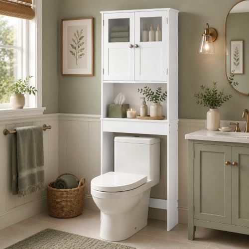 VINGLI Over The Toilet Storage Cabinet White Bathroom Storage Organizer Above the Toilet Shelf with Acrylic Glass Double Doors Wood Muebles para BañO Rack with Adjustable Shelf by VINGLI
