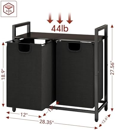 Kitstorack Laundry Basket Organizer, Laundry Hamper with Shelf & 2 Pull-Out Removable Bags, Dirty Clothes Hamper Organizer for Laundry Room Bathroom and Dorm, 2 x 11.8 gallons (44.5L) - Image 2