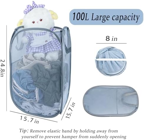 Upgraded 100L Extra Large Collapsible Laundry Baskets, 2 Pack XL Mesh Pop Up Laundry Hamper with Handles, Portable Travel Laundry Basket, Foldable Hamper. Grey. 2V - Image 2