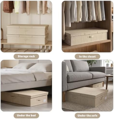 FHSQX Under Bed Storage Container 2Pack 6 Inches Low Profile Under-bed Organizer Bins Slim Under Couch Storage Box Ideal For Seasonal Clothes Blankets Towel Fabric (2, Beige, 31.5 * 16.5 * 6in) - Image 6